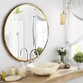 Round Gold Frame Bathroom Mirror With Marble Basin Green Plants White Flowers And Natural Light