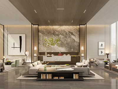 Modern Lounge Area Interior With Sofa Coffee Table Large Mural And Green Plants 3d model