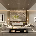 Modern Lounge Area Interior With Sofa Coffee Table Large Mural And Green Plants