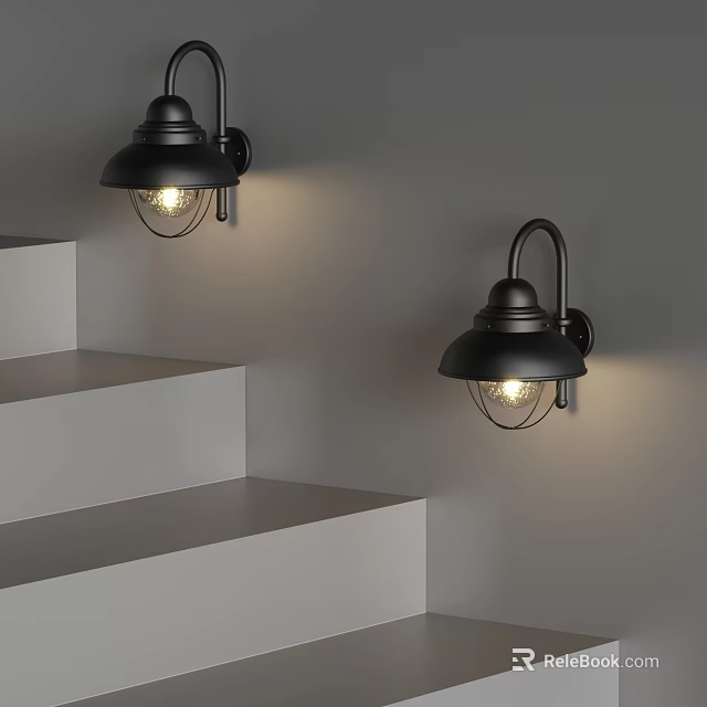 Black Wall Lamps Mounted on Light Gray Wall Illuminating White Staircase Steps 3d model 