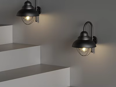 Black Wall Lamps Mounted on Light Gray Wall Illuminating White Staircase Steps 3d model