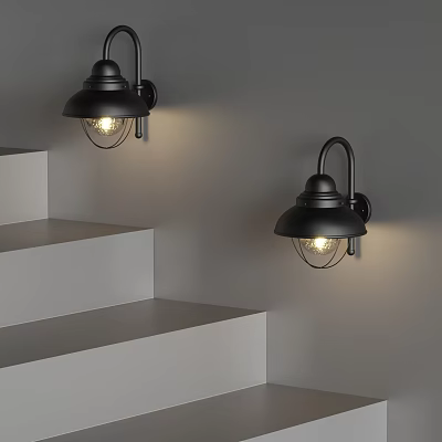 Black Wall Lamps Mounted on Light Gray Wall Illuminating White Staircase Steps 3d model