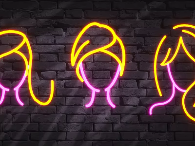 Neon Decorative Lights With Three Female Silhouettes On Brick Wall In Yellow Pink 3d model