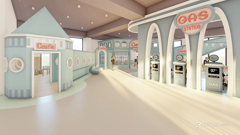 Kindergarten Interior Design With Castle Themed Play Area And Gas Station Role Play Setup 3d model 