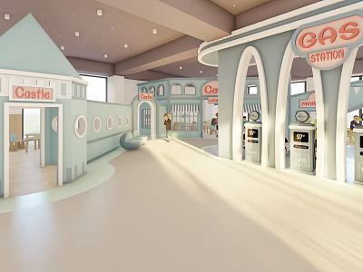 Kindergarten Interior Design With Castle Themed Play Area And Gas Station Role Play Setup 3d model