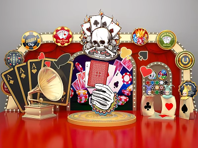 Poker Themed Photo Spot With Playing Cards Skull Gold Coins And Decorative Elements 3d model