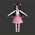 Cute Child With Long Black Hair Wearing White Top Pink Dress And Cat Ear Accessories