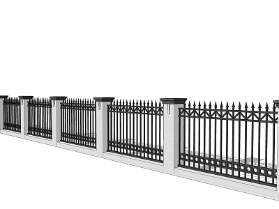 Building Exterior Wall With Black Iron Fence And White Decorative Pillars 3d model