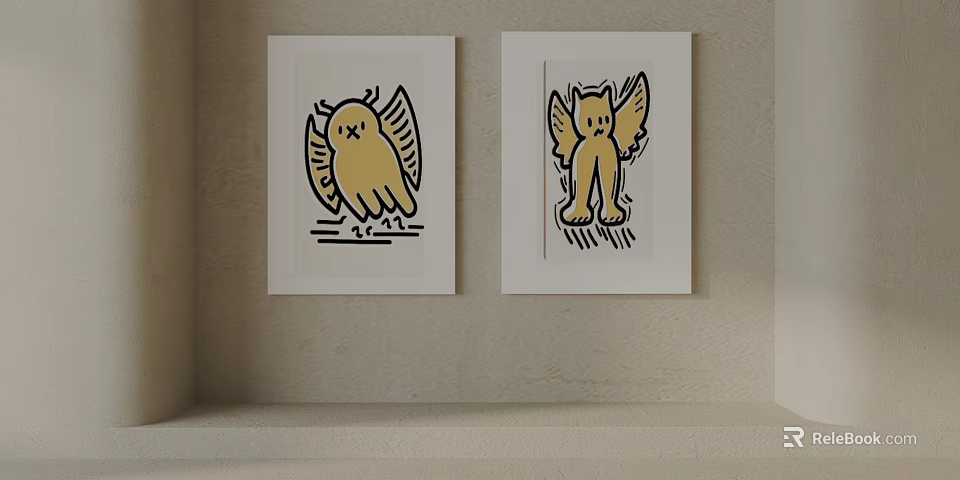 Two Yellow Winged Figure Art Prints Hanging On Light Wall 3d model