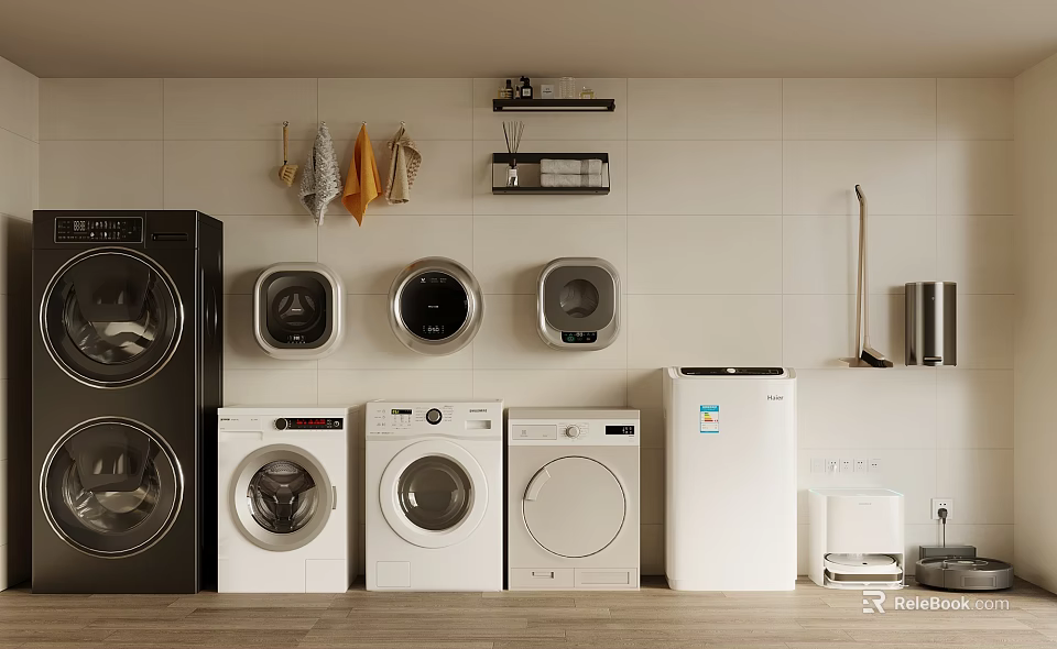 Modern Laundry Room Interior With Various Washing Machines Wall Shelves And Hanging Cleaning Tools 3d model 