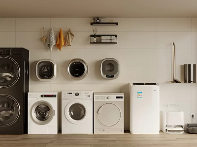 Modern Laundry Room Interior With Various Washing Machines Wall Shelves And Hanging Cleaning Tools 3d model