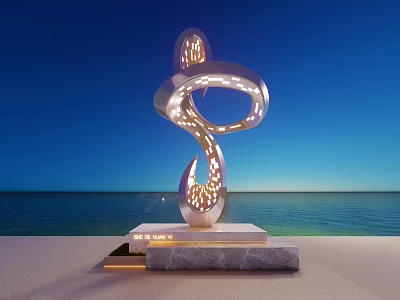 Silver Curved Sculpture With Hollowed Light Spots Illuminated By Seaside Blue Sky And Sea 3d model