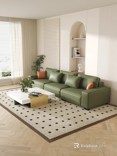 Green Leather Sofa with Orange Cushions and White Coffee Table Set in Modern Living Room 3d model 
