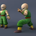Bald Game Movie Character in Green Outfit with Yellow Shoes and Different Poses