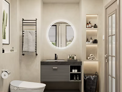 Modern Minimalist Bathroom Interior With Lighted Round Mirror Vanity Towel Rack And Storage Shelves 3d model