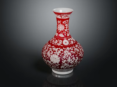 Decorative Red Porcelain Vase With Intricate White Floral Patterns And Smooth Curved Body 3d model