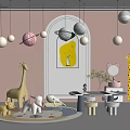Pastel Pink Playroom Interior With Hanging Planet Decorations Giraffe Plush Round Rug And Small Table