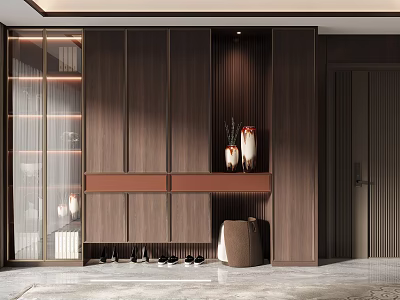 Modern Luxury Shoe Cabinet Wooden Design With Decorative Vases And Shoe Storage In Interior 3d model