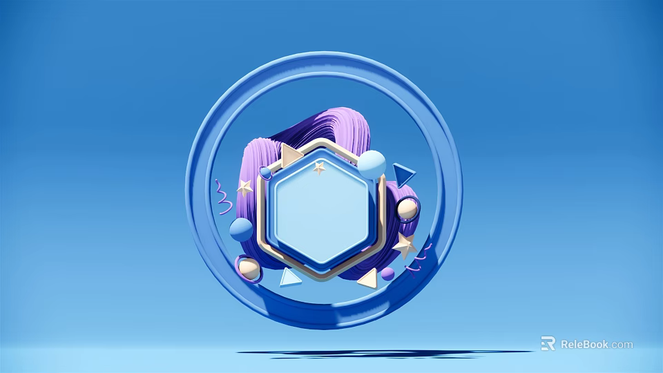 Blue Circular Frame Decor With Hexagonal Object And Colorful Geometric Accents 3d model 
