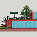 Industrial Equipment Red Container Featuring Balcony Glass Doors Green Plants And Store Cafe
