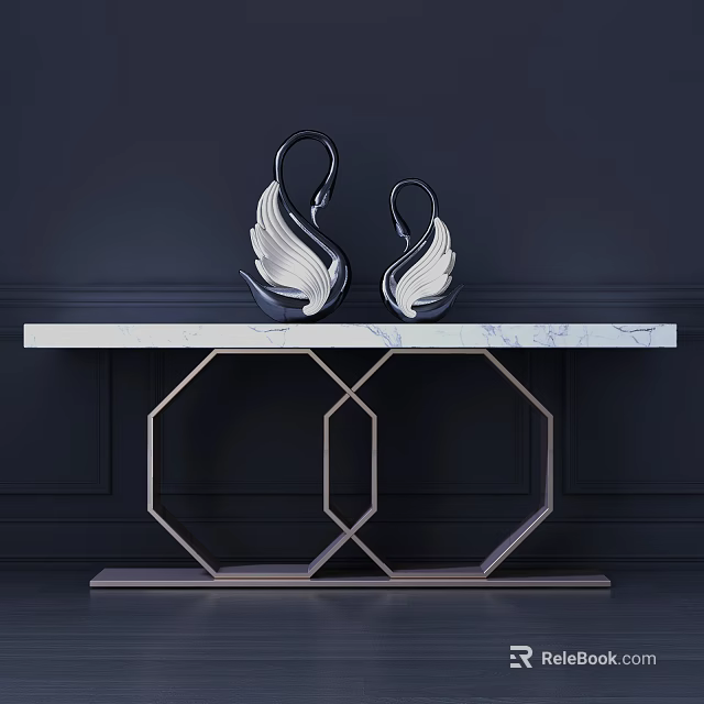 Elegant Console Table With Marble Top Geometric Metal Base And Swan Decorations 3d model 