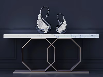 Elegant Console Table With Marble Top Geometric Metal Base And Swan Decorations 3d model