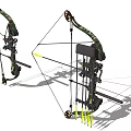 Detailed Compound Bow Weapon 3D Model With Arrows And Side Front Views