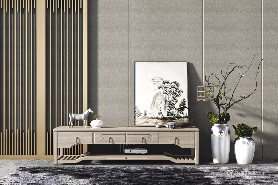 Modern Wooden TV Stand With Decorative Painting Vase And Plant In Living Room 3d model 