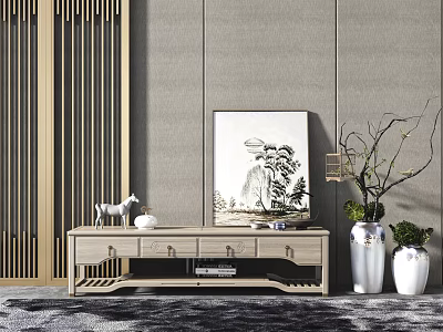 Modern Wooden TV Stand With Decorative Painting Vase And Plant In Living Room 3d model