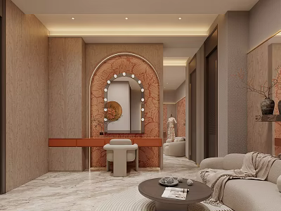 Elegant Bridal Shop Interior With Makeup Vanity Mirrored Wall And Comfortable Sofa 3d model