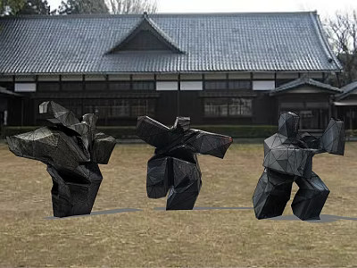 Black Geometric Game and Movie Characters In Front of Traditional Japanese Building on Grass Field 3d model