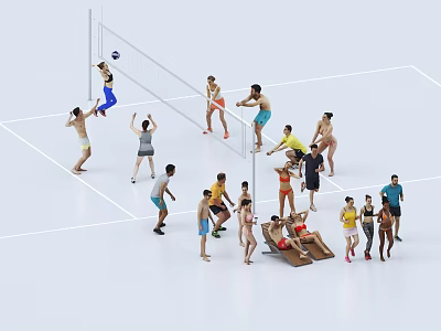 Group of People Playing Volleyball on Court Actively Enjoying Game 3d model