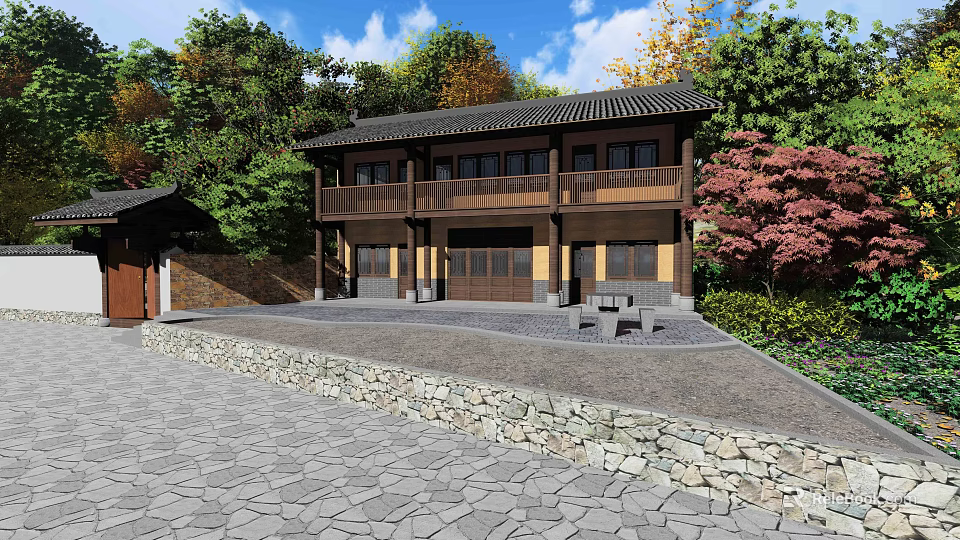 Traditional Chinese Two Story Building With Courtyard Stone Path And Green Trees 3d model 