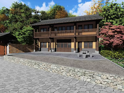 Traditional Chinese Two Story Building With Courtyard Stone Path And Green Trees 3d model