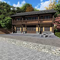 Traditional Chinese Two Story Building With Courtyard Stone Path And Green Trees