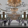 Elegant Banquet Hall With Chandeliers Circular Stage Purple Tablecloths And Chairs Flower Decorations Wall Art