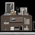 Decorative Wooden Shelf With Photo Frames Books Vase Decorative Boxes And Rug