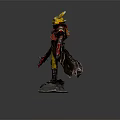 Armored Warrior With Yellow Creature Ears Holding Weapon On Stone Base