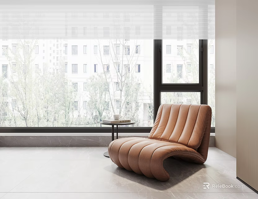 Brown Leather Lounge Chair With Ribbed Design By Window In Modern Minimalist Interior 3d model 