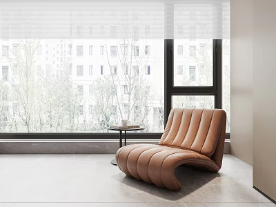 Brown Leather Lounge Chair With Ribbed Design By Window In Modern Minimalist Interior 3d model