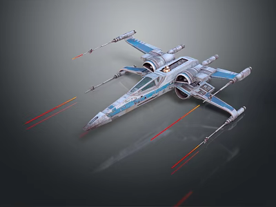Blue Silver Spacecraft With Red Beams On Wings Flying in Space Aerospace 3d model