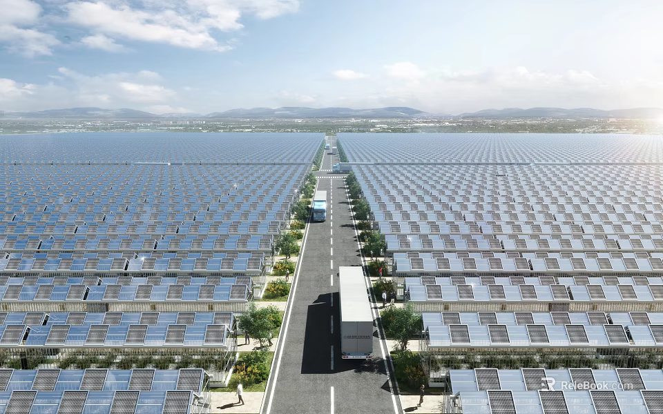 Solar Panel Integrated Landscape Design With Pathway Trees And Mountains 3d model