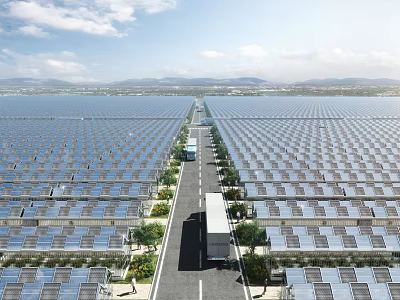 Solar Panel Integrated Landscape Design With Pathway Trees And Mountains 3d model