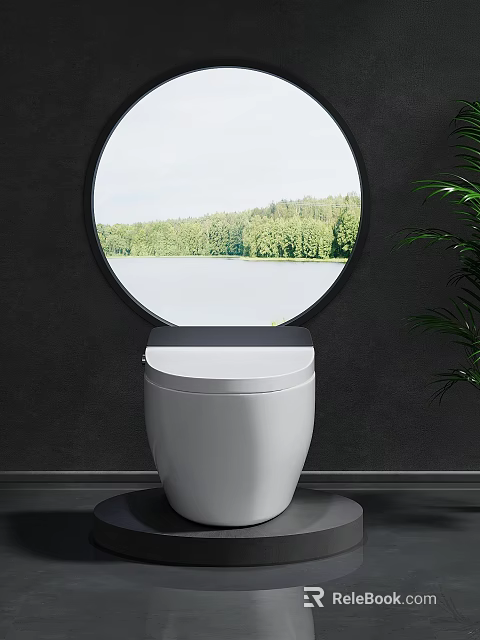 White Modern Toilet Interior With Round Window Lake View And Green Forest Trees 3d model 