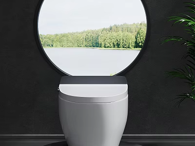 White Modern Toilet Interior With Round Window Lake View And Green Forest Trees 3d model