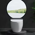 White Modern Toilet Interior With Round Window Lake View And Green Forest Trees