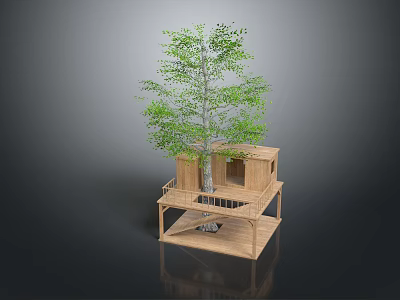 Elevated Wooden Tree House Design with Wooden Platform and Tree Trunk 3d model