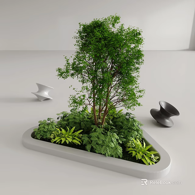 Modern Courtyard Garden With White Planter Various Green Plants Small Tree Ferns And Metal Decorations 3d model 