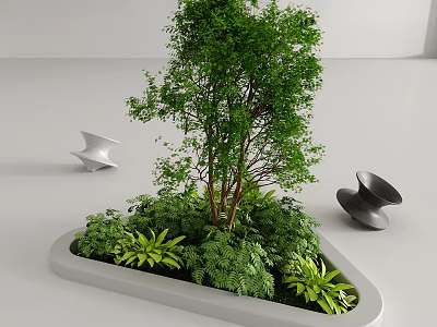 Modern Courtyard Garden With White Planter Various Green Plants Small Tree Ferns And Metal Decorations 3d model