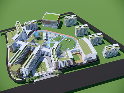Modern School Campus Buildings With Green Rooftops Playground And Courtyard 3d model